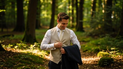 A smiling groom in a beige vest adjusts his suit in a lush green forest. Wedding day preparation in a natural outdoor setting