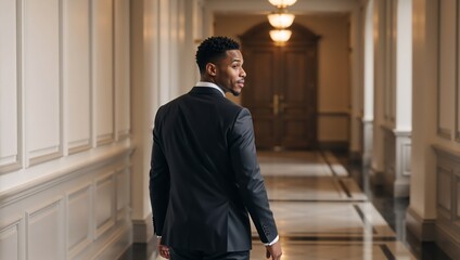Stylish African American businessman in a black suit walking through a classic corridor. Confident man looking back while moving forward