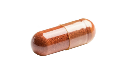 Transparent capsule with brown powder and orange band on black pill medicine