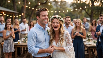 Happy bride and groom laughing at their outdoor wedding reception. Joyful young couple celebrating their marriage with guests