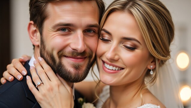 A happy newlywed couple embracing on their wedding day. Close-up portrait of a smiling bride and groom in love. Woman shows her diamond engagement ring while caressing her husband - Powered by Adobe