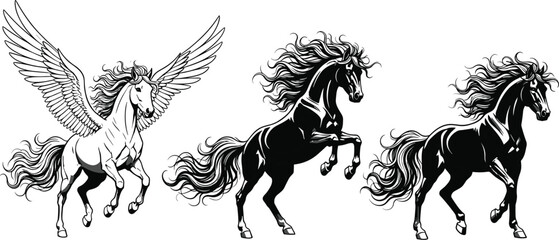 Fantasy winged pegasus and galloping horses illustration, mythological equine artwork, detailed line art, dynamic motion, black and white design vector