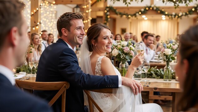 Happy bride and groom listening to speeches at their wedding reception. A smiling newlywed couple celebrating their marriage with a champagne toast in a rustic venue - Powered by Adobe