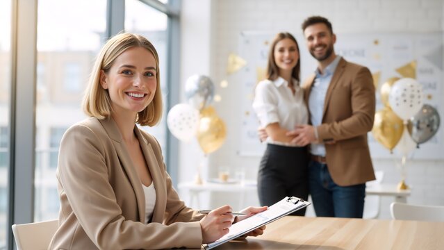 Smiling female real estate agent with happy clients in the background. Professional consultant meeting with a couple in a modern office