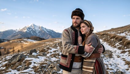 A couple in traditional folk costumes embracing in a winter mountain landscape. Man and woman in ethnic slavic clothing enjoying a scenic view of snow-capped peaks