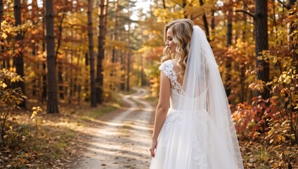 Bride in a white wedding dress standing in a romantic autumn forest. Young woman with a veil on a path in the woods during the fall season