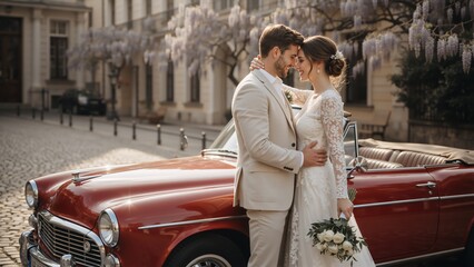 Romantic wedding couple embracing by a classic red car. Happy bride and groom celebrating their marriage in a vintage city setting