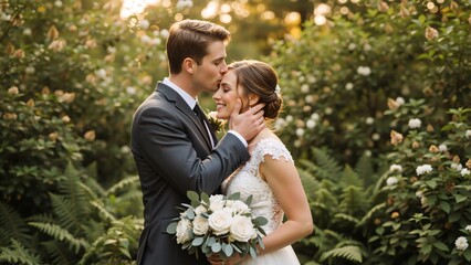 Groom kissing his smiling bride on the forehead on their wedding day. Romantic newlywed couple embracing in a lush garden during golden hour