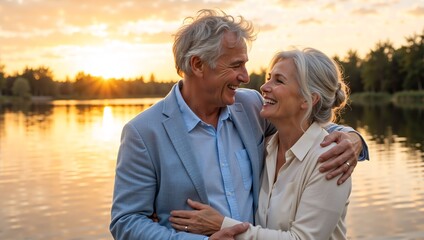 Happy senior couple in love embracing by a lake at sunset. Mature husband and wife enjoying their retirement together outdoors