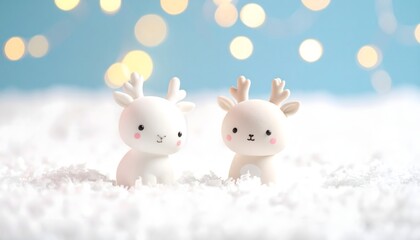 Renos kawaii blancos sobre nieve con fondo azul y luces cálidas desenfocadas