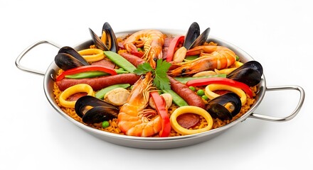 Savory spanish paella with shrimp, mussels, chorizo, and rice isolated on white background