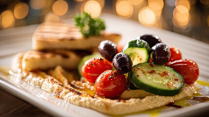 Mediterranean Protein Plate &ndash; Hummus with Grilled Chicken, Cherry Tomatoes, Olives and Cucumber Slices in Warm Rustic Lighting