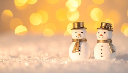 Muñecos de nieve elegantes con sombreros dorados sobre nieve y luces cálidas