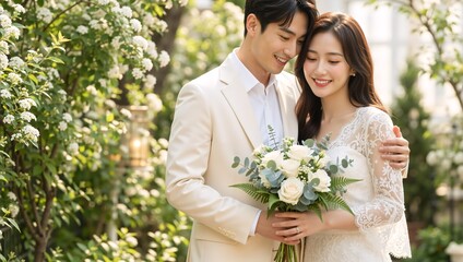 A happy young Asian couple in a romantic wedding embrace in a sunlit garden. Bride and groom smiling together during an outdoor photoshoot. Love and marriage concept