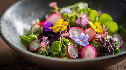 Vibrant Edible Flower Salad with Fresh Greens and Radish &mdash; Healthy Vegan Organic Superfood Bowl