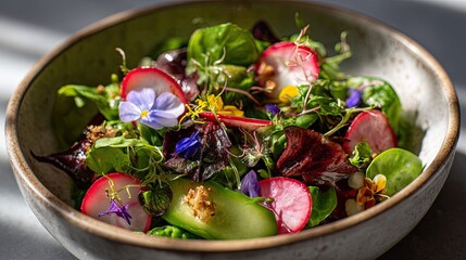 Vegan Mixed Greens Salad with Edible Flowers and Radish &mdash; Fresh Organic Clean-Eating Bowl