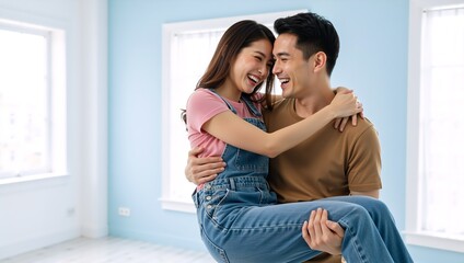Happy young Asian man carrying his girlfriend in their new home. Joyful couple laughing and celebrating moving in together. Real estate and relationship concept