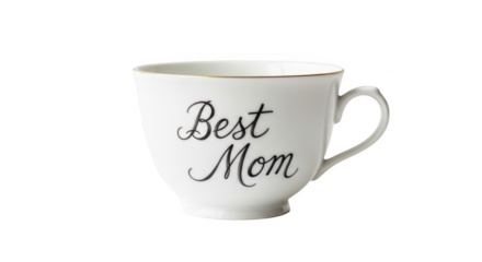 White ceramic teacup with black script text Best Mom and gold rim image