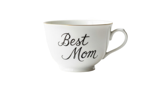 White ceramic teacup with black script text Best Mom and gold rim image