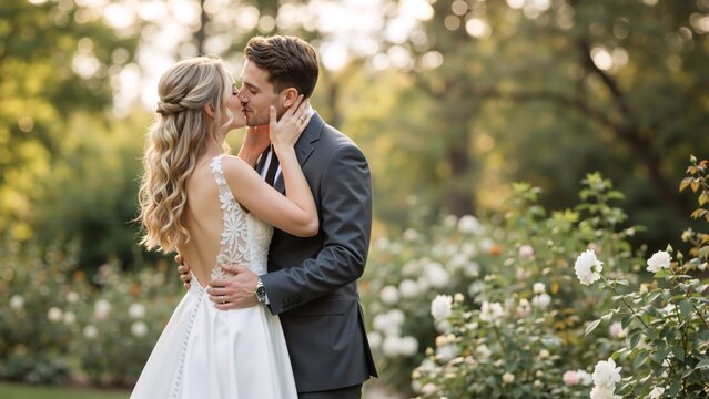 Bride and groom kissing in a romantic garden on their wedding day. A young couple in love embracing outdoors during golden hour