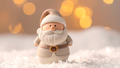 Figura de Papá Noel beige sobre nieve con luces cálidas desenfocadas