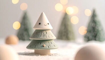 Árbol navideño decorativo con cara sonriente sobre nieve y luces cálidas