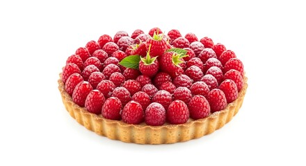 Sweet baked raspberry tart with fresh fruit and powdered sugar. isolated on white background