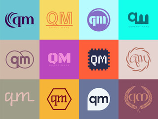 QM logo company template. Letter q and m logotype. Set different classic serif lettering and modern bold text with design elements. Initial font typography.