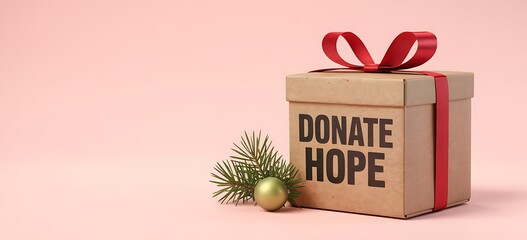 A modest brown cardboard gift box with "donate hope" text and a red ribbon, alongside a single green pine sprig and a round Christmas ornament, set against a soft pink background