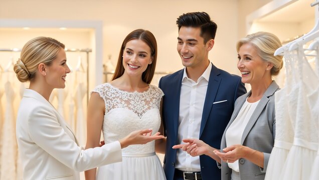 A happy engaged couple shopping for a wedding dress in a bridal salon. A smiling bride-to-be tries on a gown with her fiancé, mother, and a consultant - Powered by Adobe