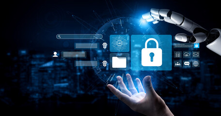 A robotic hand reaches toward digital security icons, symbolizing advanced technology and data protection in a sophisticated, futuristic setting. Gantry