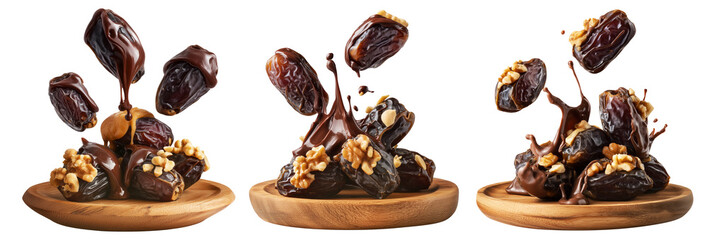 Obraz premium Set of Whole and halved dates filled with walnut halves isolated on white background, concept of healthy Arabic natural snack food