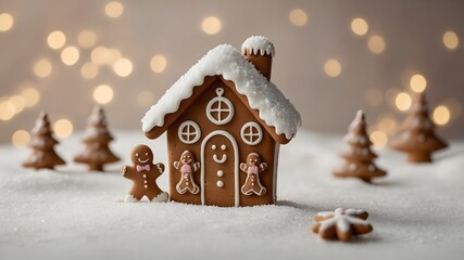 Casita de jengibre navideña con muñeco de jengibre sobre nieve y luces cálidas