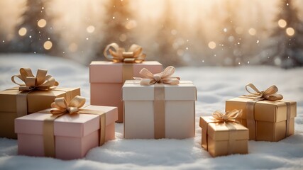Regalos navideños con lazos dorados sobre nieve en un paisaje invernal luminoso