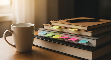 Focused learning scene stacked books with colorful notes, a notebook, pen, and warm coffee on a wooden desk, bathed in soft morning light