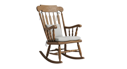 Wooden rocking chair with carved details and white cushions wooden chair antique chair