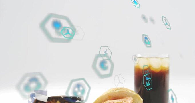 Teal hex icons drifting, glass entering, burger fries drink rising and settling center for showcase