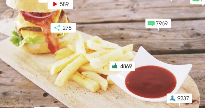 Pin appearing above fries, badges multiplying and clustering around burger, showing social buzz