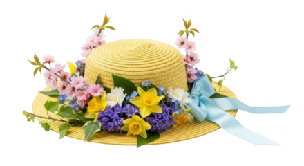 Yellow straw hat adorned with spring flowers and blue ribbon yellow hat daffodils