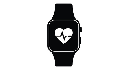 A sleek black smartwatch displaying a heart rate monitor on its screen silhouette