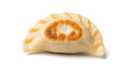 Single golden-brown pan-fried dumpling, traditional asian dish isolated on white background