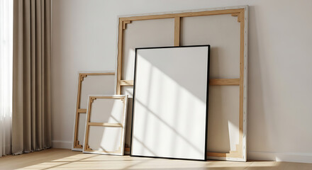 Blank art canvases and a poster frame lean against a white wall in a sunlit room