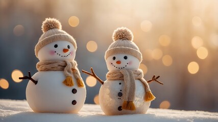 Muñecos de nieve con gorros y bufandas sobre nieve con luces cálidas de fondo