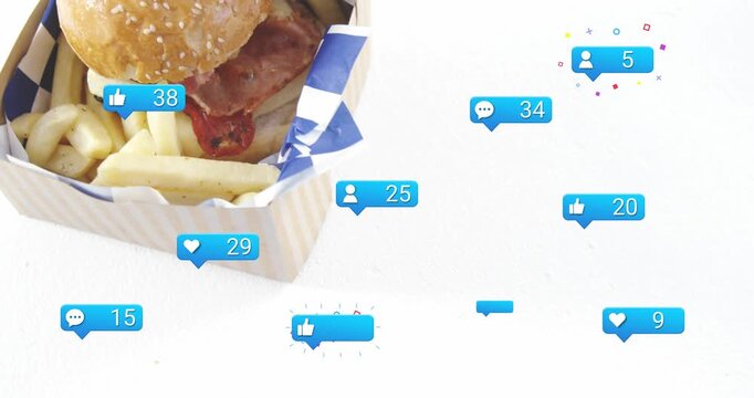 Takeout box sliding in, showing burger and fries, badges spawning, counts rising showing popularity