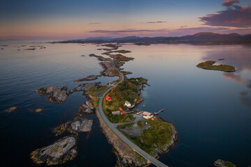 view of the Atlantic Ocean Road near Kristiansund in central Norway at sunset © makasana photo