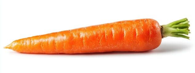 A vibrant, fresh carrot with green leafy top, resting horizontally against a white background