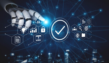 A futuristic robotic hand interacts with various digital icons representing technology, data, and cybersecurity on a dark background, symbolizing innovation and connectivity. Gantry