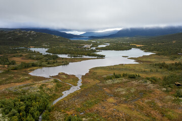 Obraz premium drone landscape view of the lakes and mountain near Besseggen in central Norway