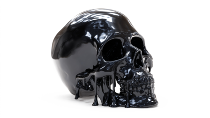 Half-melted black skull with liquid effect, isolated on white, realistic lighting, 169