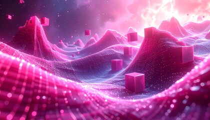Hot pink, wavey landscape with floating cubes against a cloudy sky, with digital grid overlays and light scattering